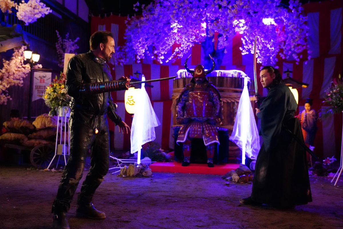 Nicolas Cage and Tak Sakaguchi face off in Prisoners of the Ghostland