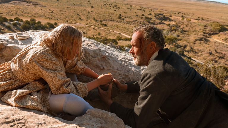 Johanna Leonberger (Helena Zengel) and Captain Jefferson Kyle Kidd (Tom Hanks) in News of the World. Pic: Bruce W Talamon/Universal Pictures/<a href='http://www.movierental.com/link/netflix'>Netflix</a>