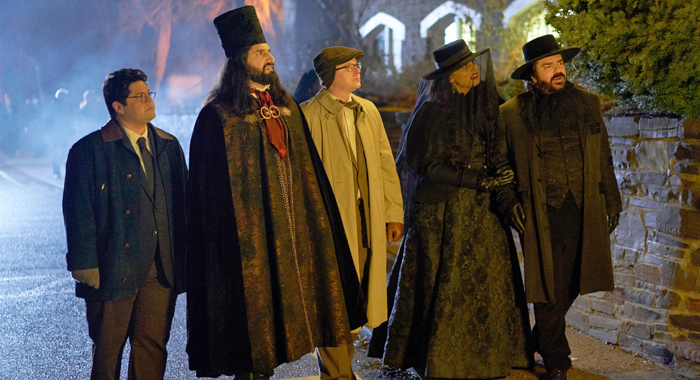 Harvey Guillen, Kayvan Novak, Mark Proksch, Natasia Demetriou, and Matt Berry in What We Do in the Shadows