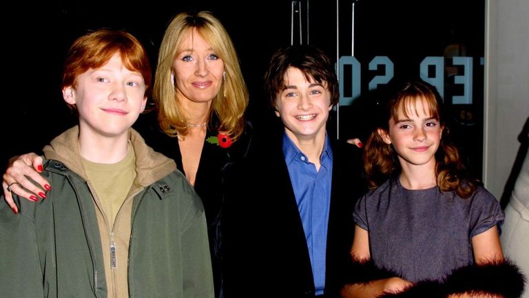 <a href='http://www.movierental.com/link/potter'>Harry Potter</a> author JK Rowling with stars Rupert Grint, Daniel Radcliffe and Emma Watson