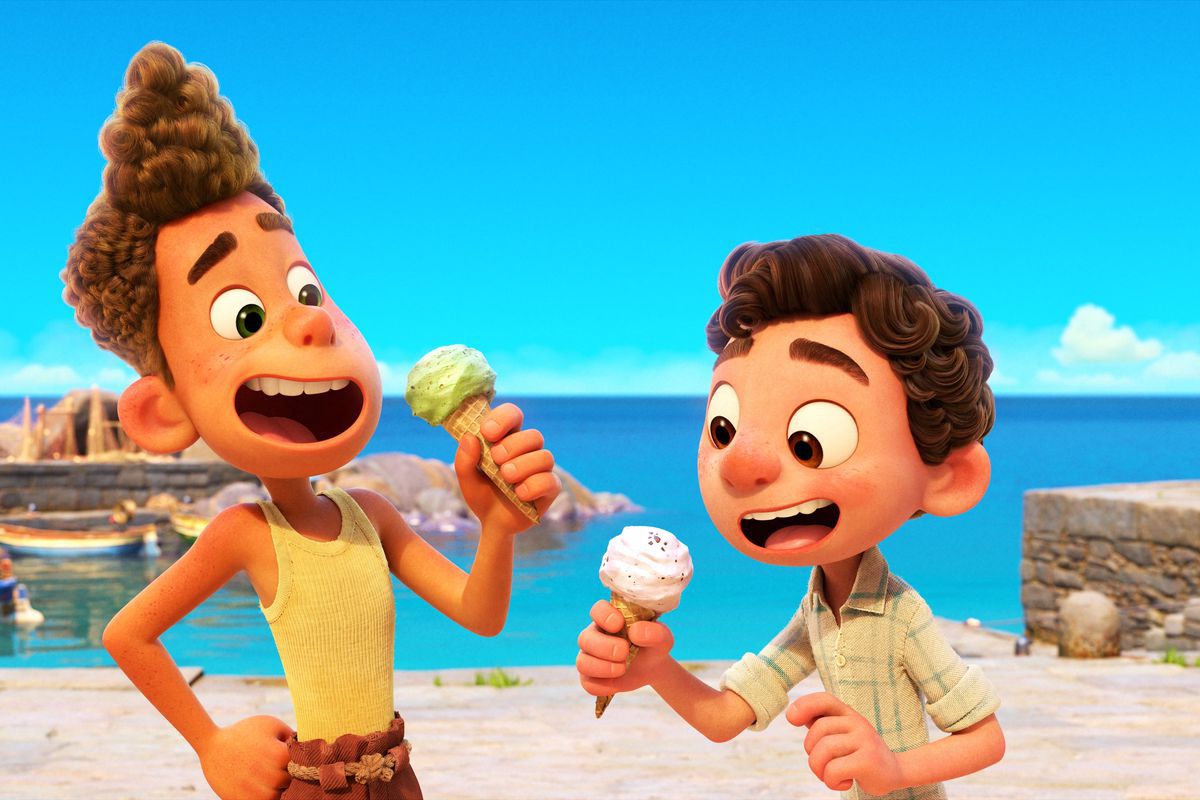 Two cartoon boys eating gelato.
