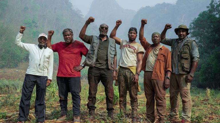 Director Spike Lee, Isiah Whitlock Jr as Melvin, Delroy Lindo as Paul, Jonathan Majors as David, Clarke Peters as Otis and Norm Lewis as Eddie in Da 5 Bloods. Pic: <a href='http://www.movierental.com/link/netflix'>Netflix</a>/David Lee