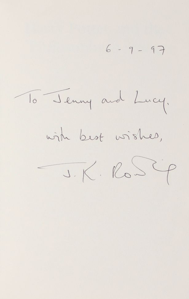 The author signed the first edition 'To Jenny and Lucy, with best wishes, JK Rowling' and dated it September 6, 1997