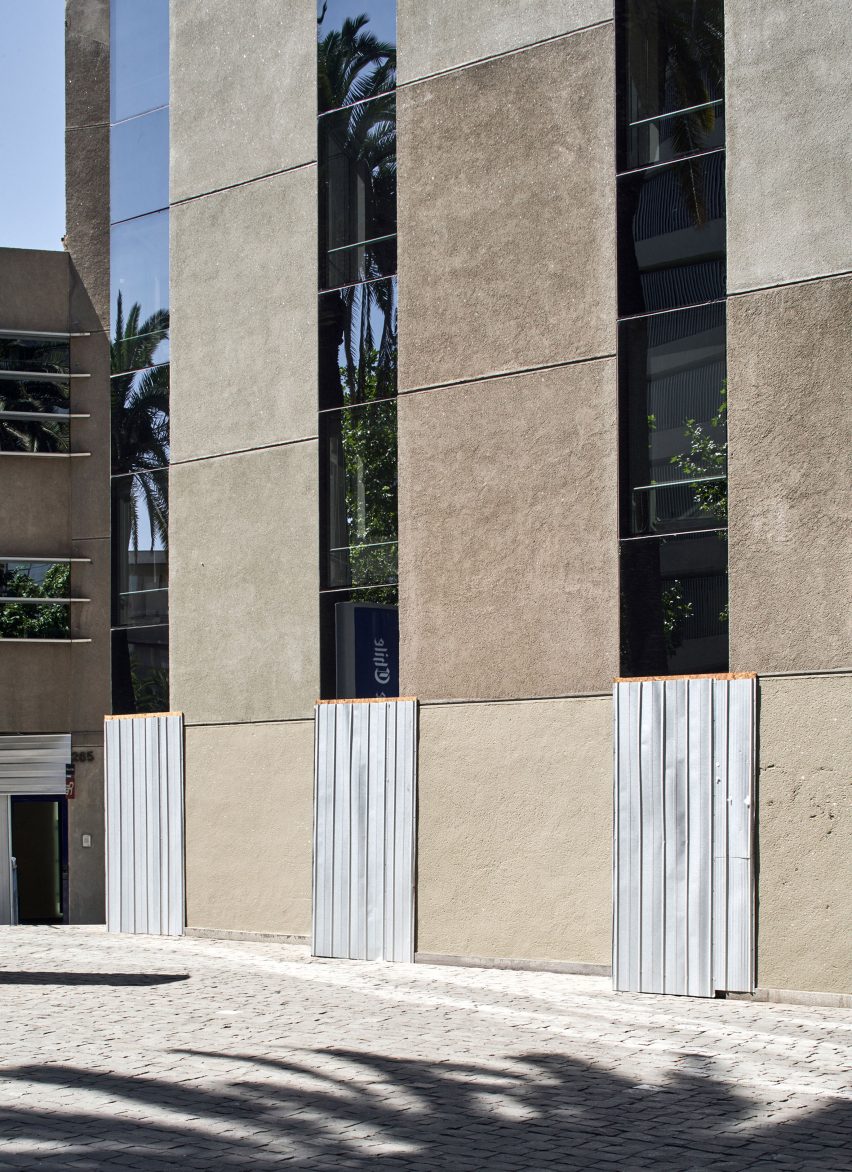 Boarded up glass doors in Santiago, Chile
