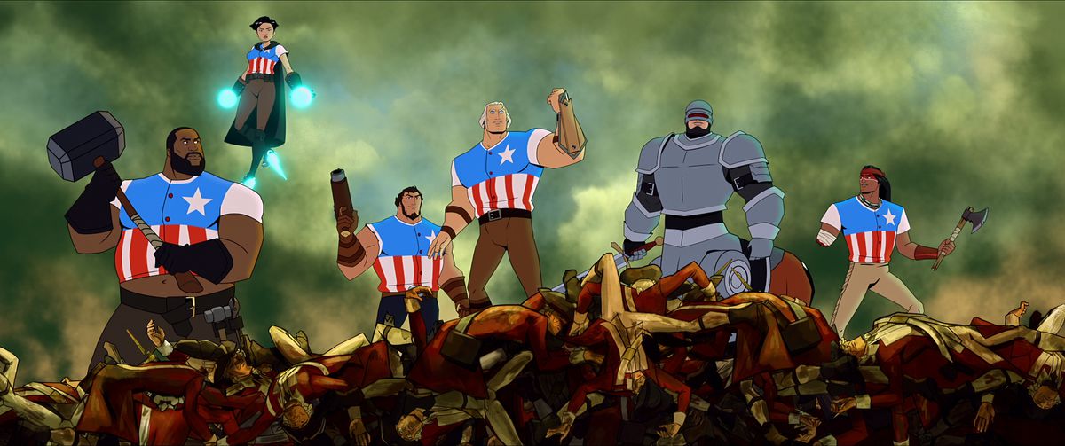 Left to Right, Killer Mike as “Blacksmith”, Oliva Munn as “Thomas Edison”, Jason Mantzoukas as “Samuel Adams”, Channing Tatum as “George Washington”, Bobby Moynihan as “Paul Revere” and Raoul Max Trujillo as “Geronimo” in America: The Motion Picture
